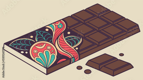 Isometric illustration of a decorated chocolate bar with a piece broken off beside it