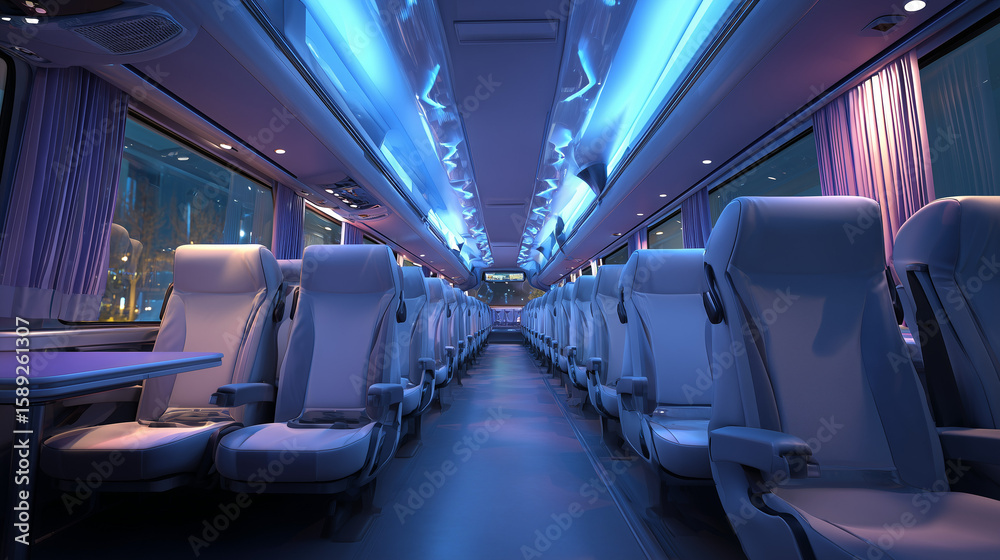 Fototapeta premium Modern and clean bus interior with comfortable seats, bright lighting, and spacious layout. Ideal for transportation, travel, and urban commuting themes.
