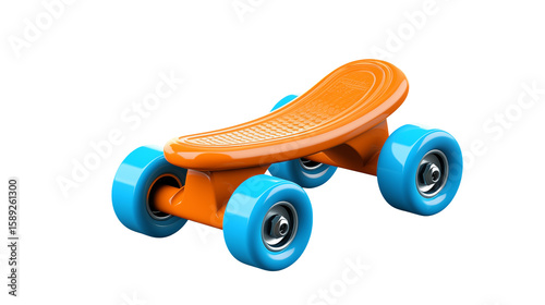 A vibrant orange skateboard with bright blue wheels on a black background