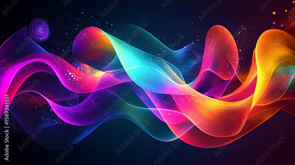Fototapeta premium Abstract waves of vibrant colors flowing across a dark background, dotted with small particles. Dynamic and energetic visual effect