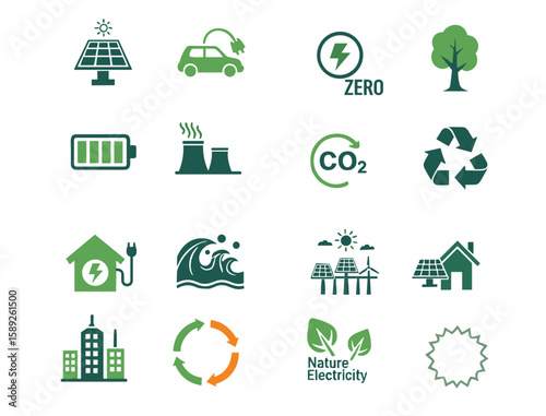 Green energy icon set featuring renewable sources and sustainability  