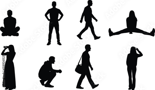 Silhouette collection of men and women in different standing, walking, sitting, squatting, and gesturing poses on white background