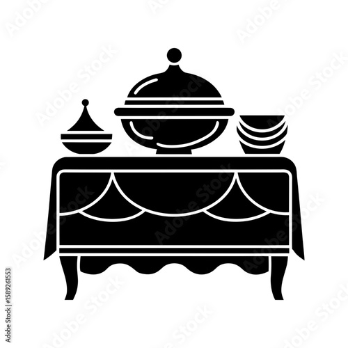 Catering buffet table icon with dishes and covered platters, hospitality vector illustration 