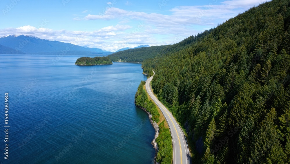Obraz premium Scenic coastal road winding through lush evergreen forest