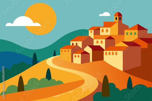 sun kissed hilltop town with terracotta roofs 