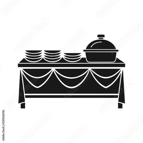Buffet catering table with stacked plates and covered pot, food service concept vector illustration 