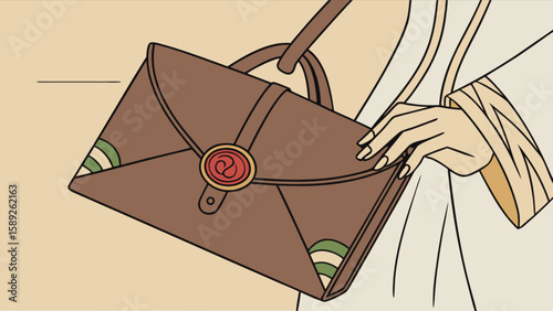 Illustration of a brown satchel bag with a red and gold clasp held by a person with long nails