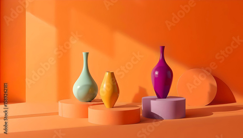 Colorful vases arranged on geometric platforms in a bright orange setting at midday