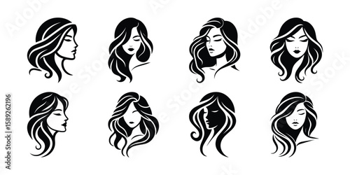 Elegant Woman Silhouette Vector Set: Beauty Salon Logo, Hair Style Icon, Fashion Portrait, Female Face Design, Black and White Illustration
