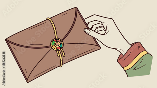 Hand holding a sealed brown envelope with a decorative clasp and string tie for secure delivery