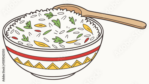 A bowl of rice with herbs and spices and a wooden spoon resting on the edge of the bowl image