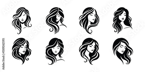 stylized black and white illustrations of women's flowing hair, each with a unique hairstyle and subtle expression.