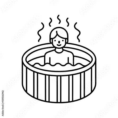 Person soaking in a round jacuzzi hot tub with steam lines, spa wellness vector illustration 