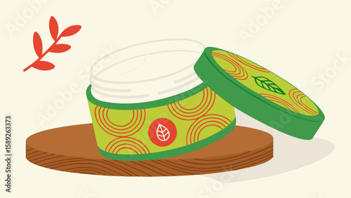 Open cream jar with green lid and leaf design sitting on a wooden stand with a red leaf nearby