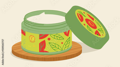 Illustration of a green jar with a floral design and an open lid resting on a wooden coaster
