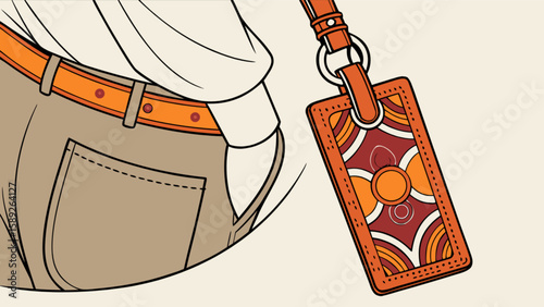 Person wearing pants with belt and a decorative tag hanging from a strap near the waistline
