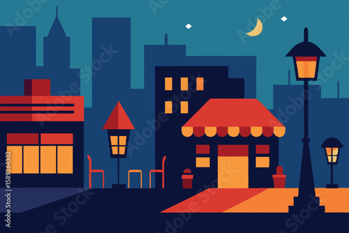 urban street scene with glowing streetlights 