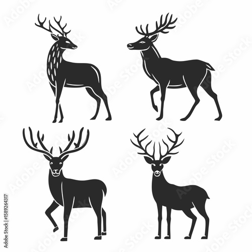 Four black deer silhouettes with antlers on white background stag animal