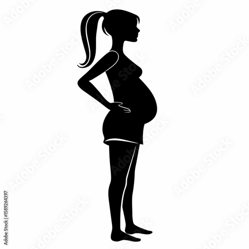 Pregnant woman silhouette with ponytail on white background profile female