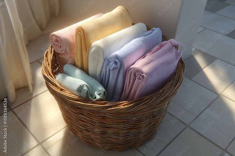 Obraz premium A wicker basket filled with pastel colored rolled towels on a tiled floor near a white curtain