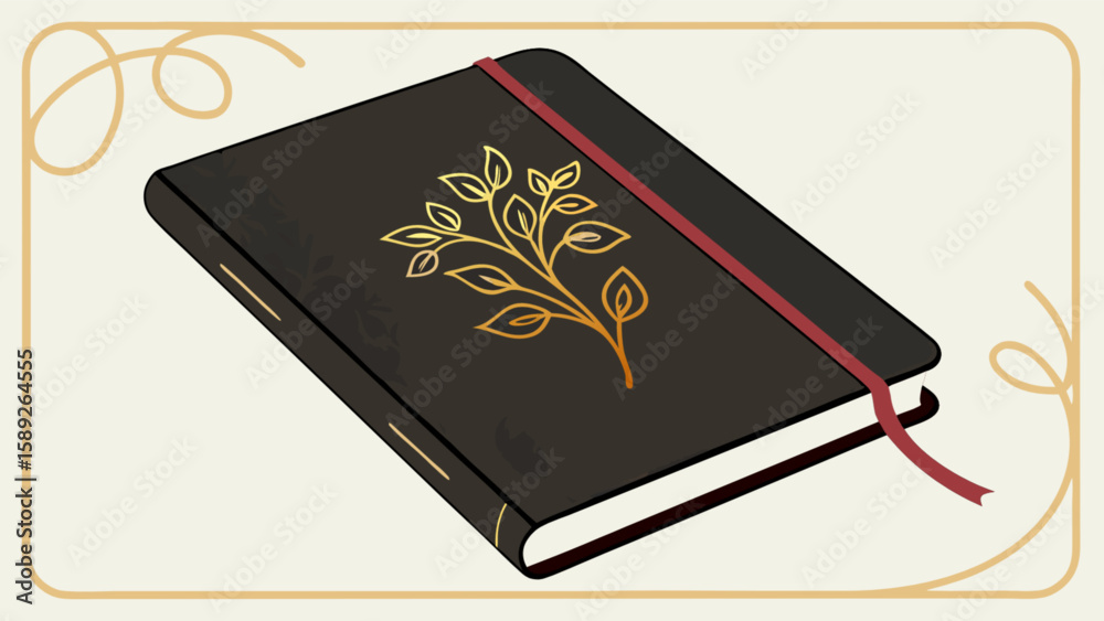Obraz premium A closed black journal with a golden leaf design and a red ribbon bookmark on a cream colored background
