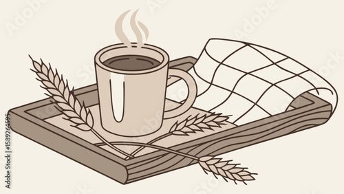 Aesthetic coffee cup with steam on a wooden tray with wheat and checkered cloth illustration