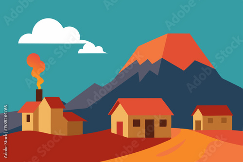 village at the foot of a volcano with distant smok