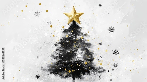 Black and gold Christmas tree with snowflakes on a white background.