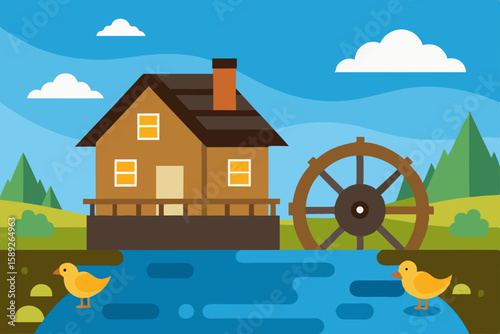 watermill beside a quiet river with turning wheel  