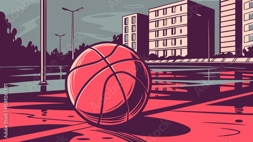A basketball on an outdoor court with puddles and buildings in the background on a cloudy day scene