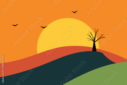 windy hill with a single tree and flying birds 