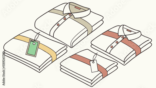 Four neatly folded shirts with colored bands and tags arranged on a light background surface design