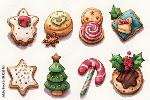 Colorful assortment of festive cookies including gingerbread shapes, candy canes, and decorated treats, perfect for holiday celebrations and seasonal gatherings