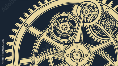 Illustration showing detailed interconnected gears and cogs in a mechanical arrangement view from above