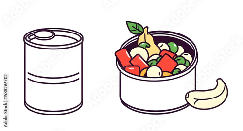 canned food, food tin, metal can, preserved food can, tin can isolated, canned goods, tin can illustration, tin can vector, food storage can, closed tin can, open tin can, aluminum can, silver tin can
