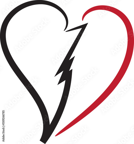 A stylized broken heart graphic, featuring a black and red outline with a lightning bolt dividing it, symbolizing heartbreak or a split.