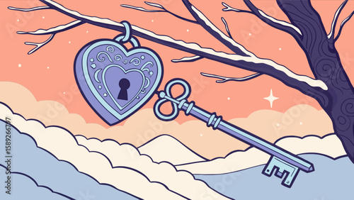 Heart shaped lock and key hanging from a snowy branch against a pastel winter sky scene design