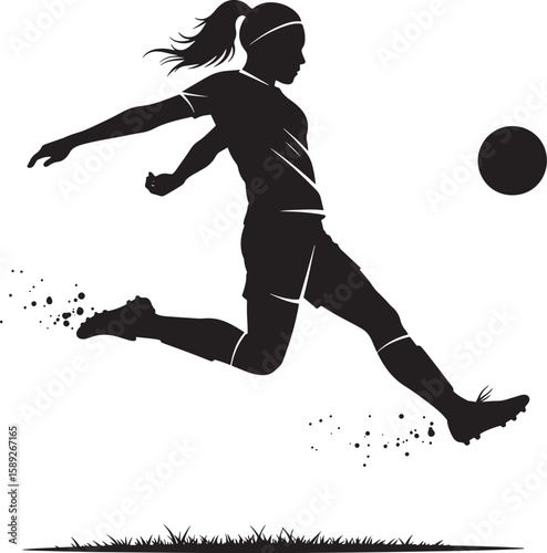 Female soccer player kicking ball black silhouette with splatter effects and grass