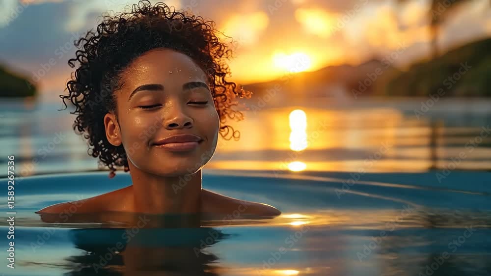 An elegant African black woman enjoys a moment of serenity in a swimming pool at sunset An elegant African black woman enjoys a moment of serenity in a swimming pool at sunset