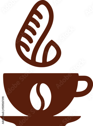 Vector art of a steaming cup of coffee with a coffee bean design, isolated on white background