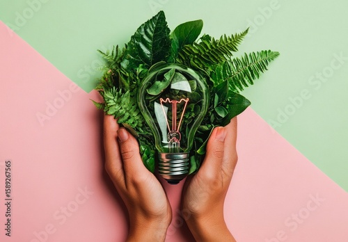 Sustainable Energy Concept With Hands Holding Light Bulb and Greenery Against...
