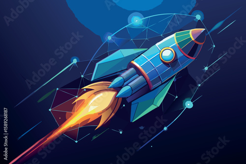 Futuristic Space Rocket with Polygonal Wireframe and Glowing Energy Trails – Abstract Digital Illustration