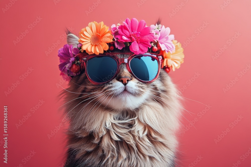 Obraz premium Cute Cat Wearing Sunglasses and Flower Crown Against a Pink Background During a Sunny Day
