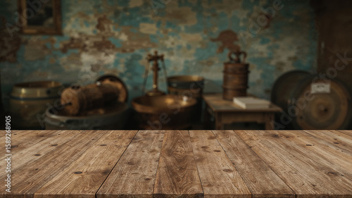 Empty wooden table in front of blurred background of ancient workshop