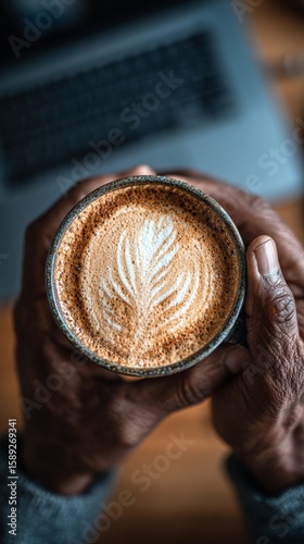 Warm Latte Art in Hands of an Elderly Person at a Cozy Cafe Desk.