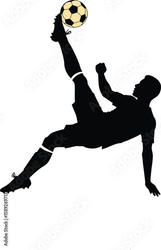 Male soccer player doing bicycle kick black silhouette with golden ball