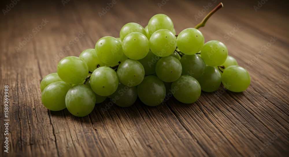 Bunch of green grapes on a rustic wooden table, soft natural light Bunch of green grapes on a rustic wooden table, soft natural light