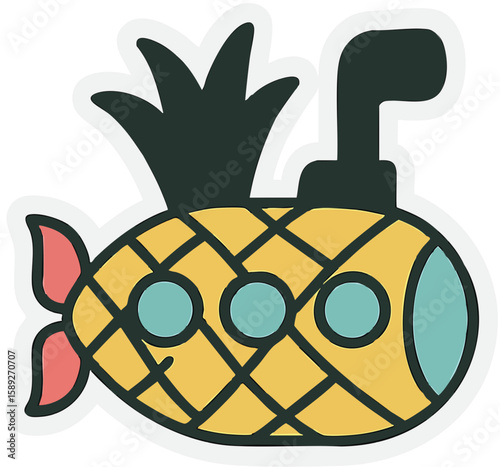 hilarious sticker of a gravity-defying pineapple submarine