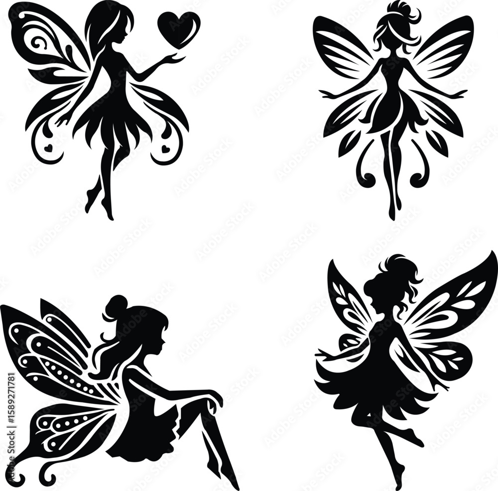 Obraz premium Fairy Vector Cute Girls with Wings in Black Silhouette Style, Fairy Vector Cute Black Silhouettes of Mythical Fairies