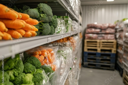 Fresh Vegetables Neatly Arranged in a Warehouse With Shelves Filled With Broc...